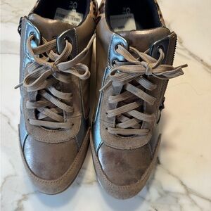 Geox Metallic Brown Leather-Textured Animal Print Trim Sneaker